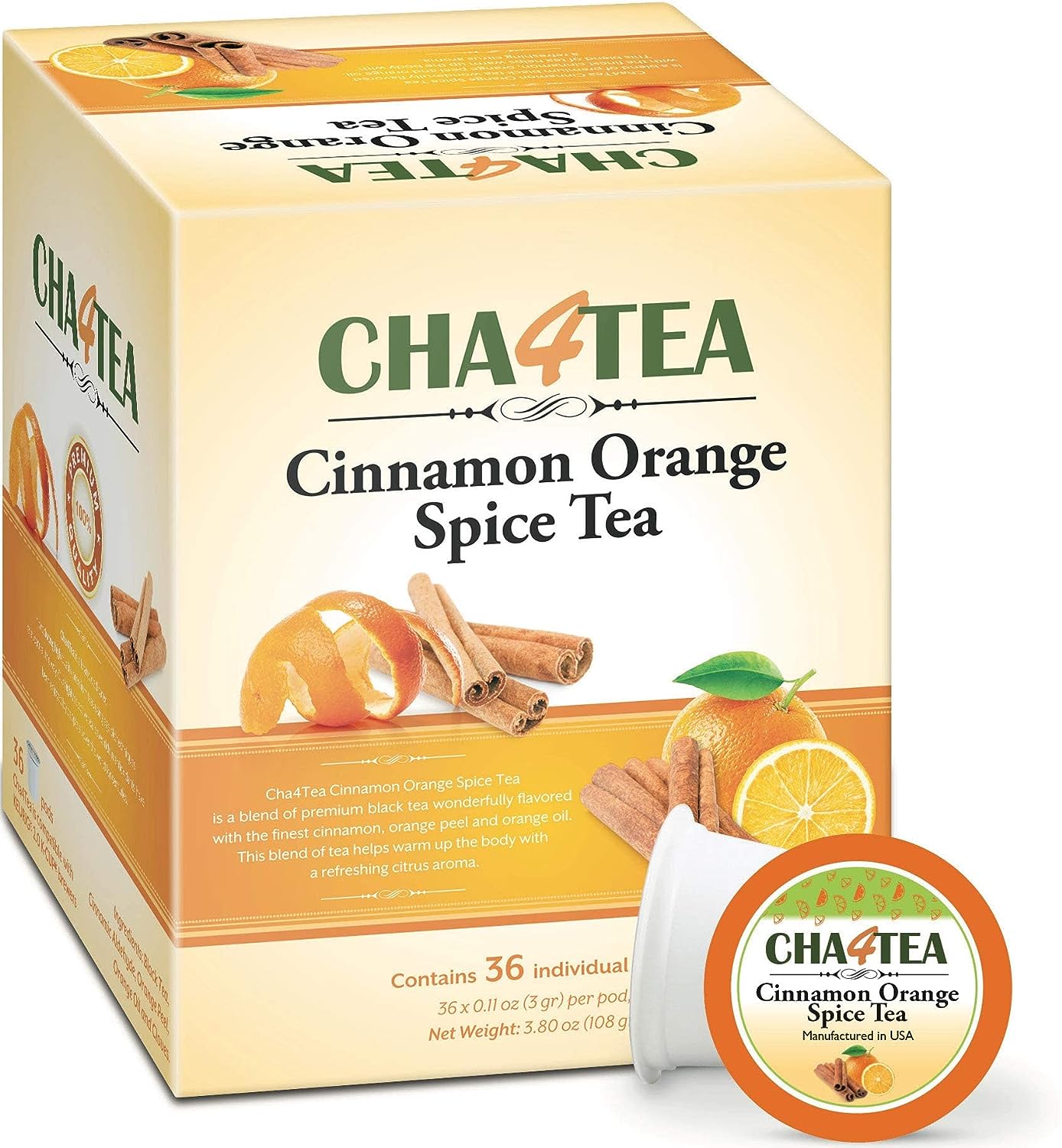 Cha4Tea 36-Count Cinnamon Orange Spice Herbal Black Tea Pods for Keurig K-Cup Brewers