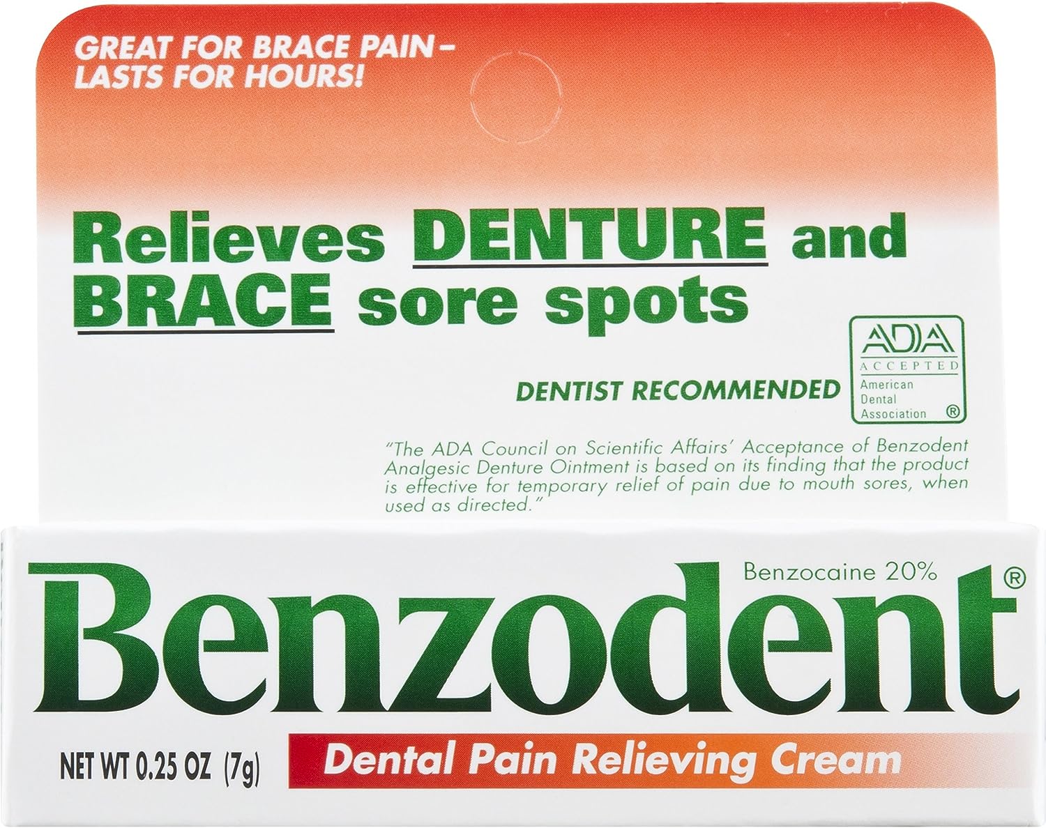 Benzodent Dental Pain Relieving Cream for Dentures and Braces, 0.25  Tube