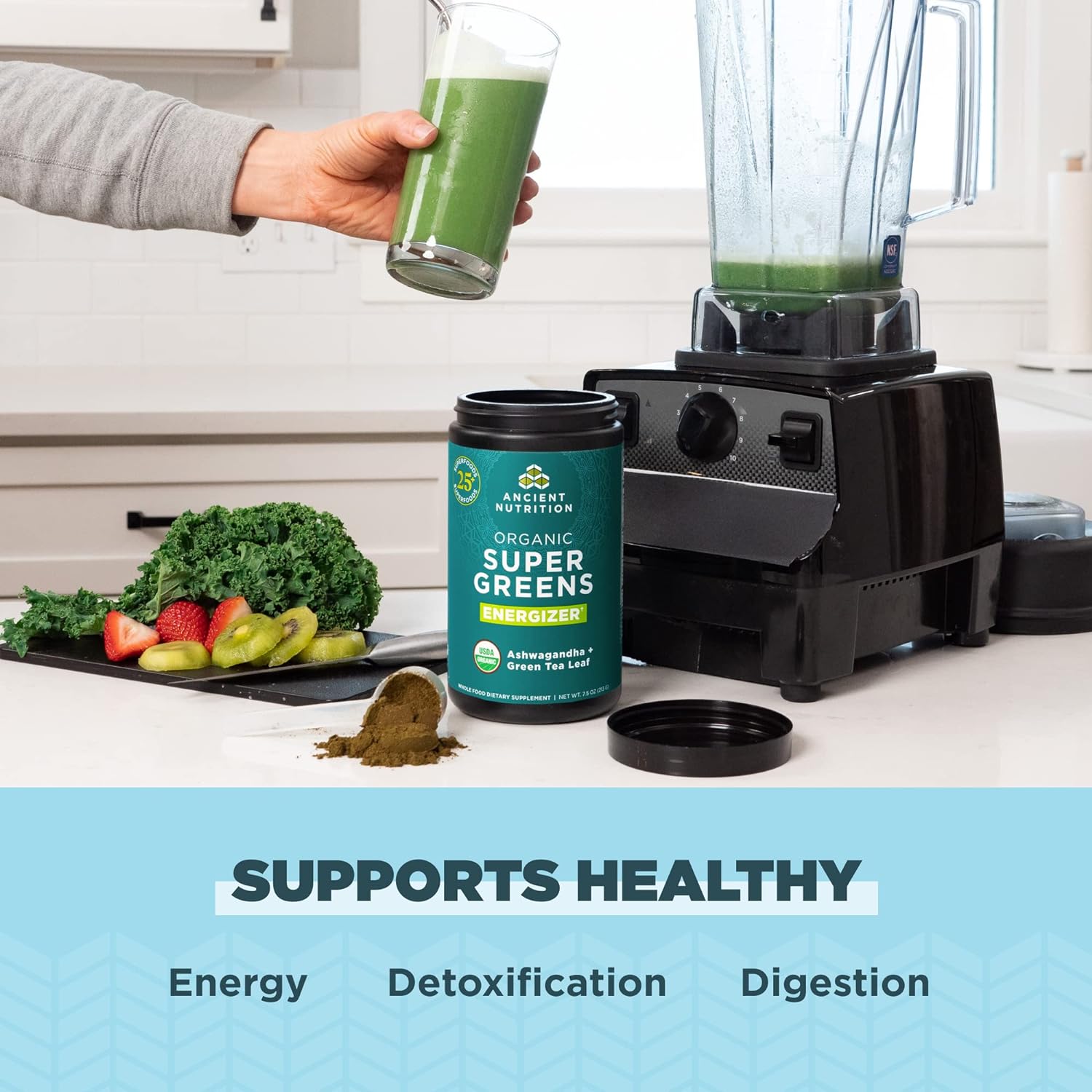 Ancient Nutrition Supergreens Energizer Powder, Organic Superfood Powd