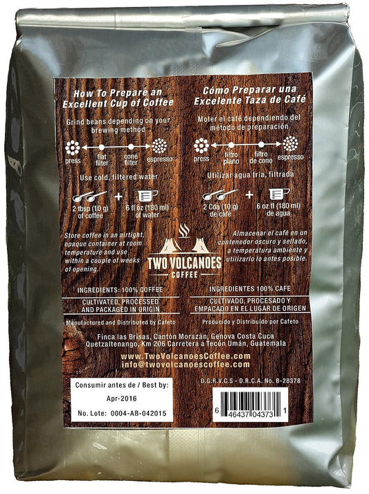 Two Volcanoes Ground Coffee - Dark Roast Espresso Blend - bag - Guatemala Delicious Gourmet Coffee. Great for French Press. Get The Kick, Enjoy The Smoothness!