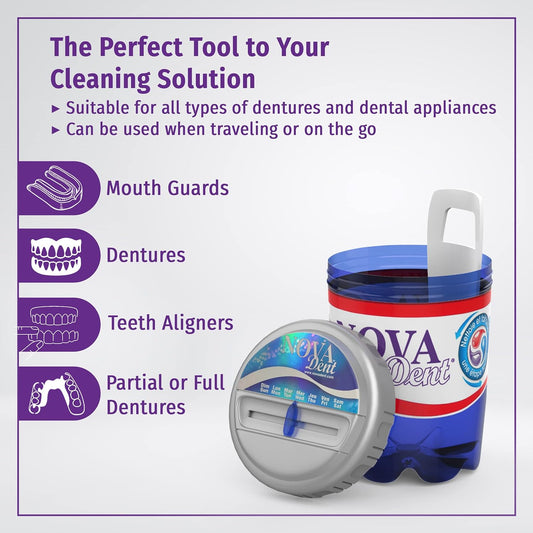 Novadent Dentures Cleaner Soaking Bath – Cleaning Container for Dental Appliances’ Solution? (With Day Reminder)