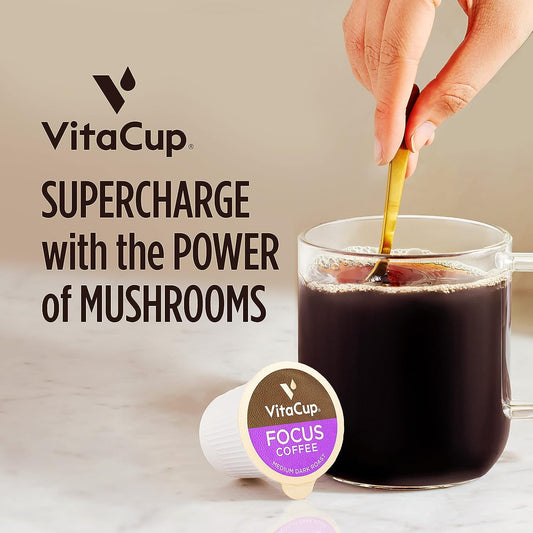 VitaCup Focus Mushroom Coffee Pods, Boost Focus & Immunity w/Lions Mane, Chaga, B Vitamins, D3 for Memory & Clarity, Medium Roast, Recyclable Single Serve Pod Compatible w/Keurig K-Cup Brewers,16 Ct