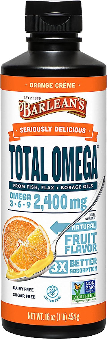 Barlean's Total Omega 3 6 9 Fish Oil Liq Supplement, Orange Crme with Borage and axseed Oil, 2,400 mg of Omegas EPA and DHA Plus GLA for Joint and Heart Health, 1