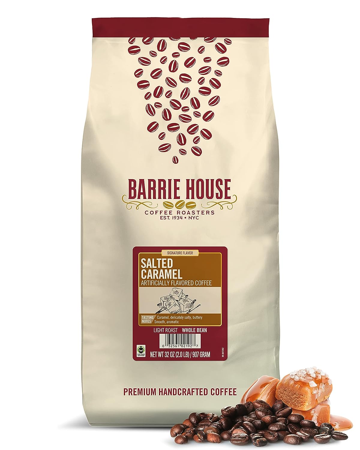 Barrie House Salted Caramel Flavored Whole Bean Coffee | Luscious and Buttery | Fair Trade Certified |Bag | 100% Arabica Coffee Beans