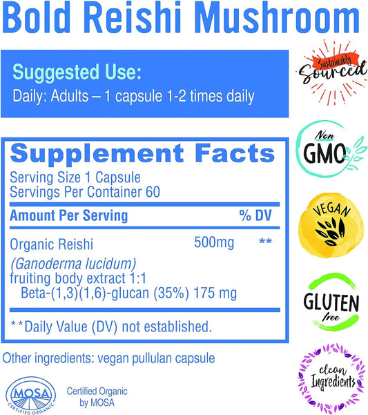 Bold Botanica Reishi Mushroom Capsules - 100% Fruiting Body - Concentr