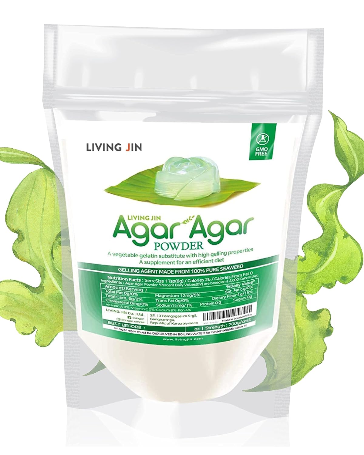 Agar Agar Powder (6Oz) Unflavored Pure Vegan Gelling Agent By Living Jin, Certified Kosher, Halal, Non-Gmo, Gluten-Free,