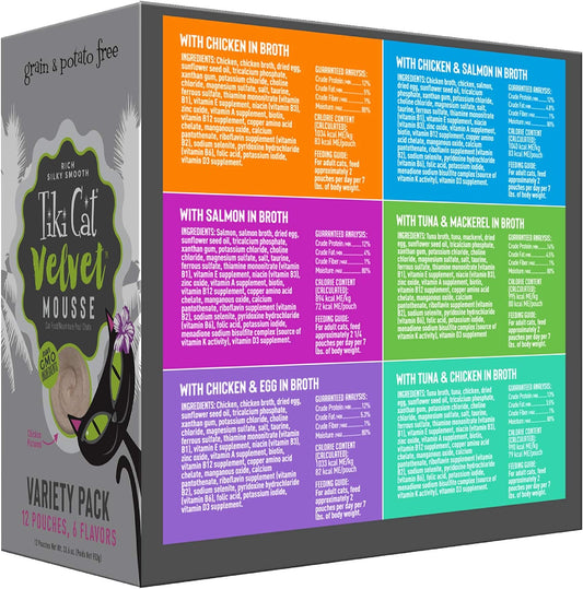 Tiki Cat Velvet Mousse, Protein Blend in Broth Variety Pack, Complete Nutrition for Balanced Diet, Wet Cat Food For All