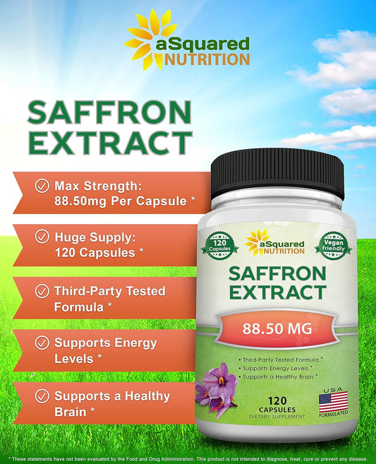 aSquared Nutrition Saffron Supplements - 120 Capsules - Saffron Extract Supplement Pills - Pure Saffron Alternative to P
