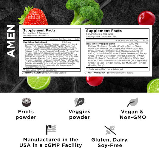 Amen Fruits + Veggies Vitamins Bundle, Raw Whole Food Multivitamin Cap