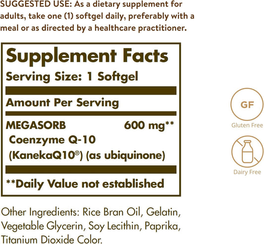 Solgar Megasorb CoQ-10 600 mg, 30 Softgels - Promotes Heart & Nervous System Health - Coenzyme Q10 Supplement - Enhanced