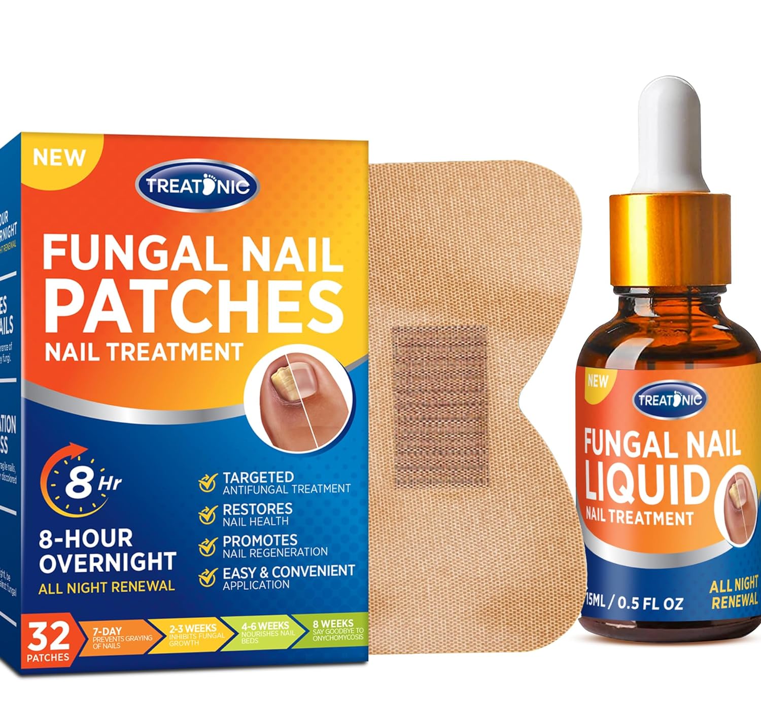 VigorWell Nail Repair Patches & Nail Fungus Treatment for Toenail Liquid Set Solution for Restoring Damaged Nails Overnight Toenail Fungus Treatment Extra Strength with 8-Hour (32Patches + 15mL)