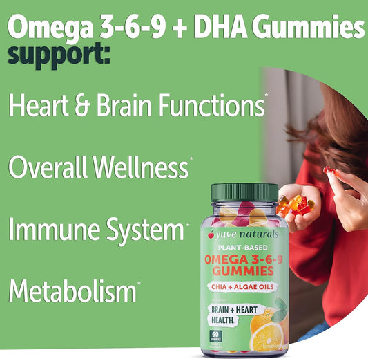 Yuve Vegan Omega 3-6-9 & DHA Gummies - Delicious for Kids, Men & Women - Made from Algae & Chia - NO Fish Oil, NO Krill