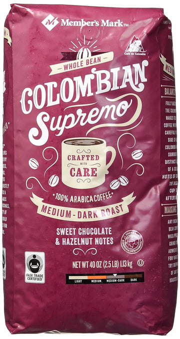 Member's Mark Colombian Supremo Whole Bean Coffee, Sweet Chocolate & Hazelnut Notes, Medium Dark Roast