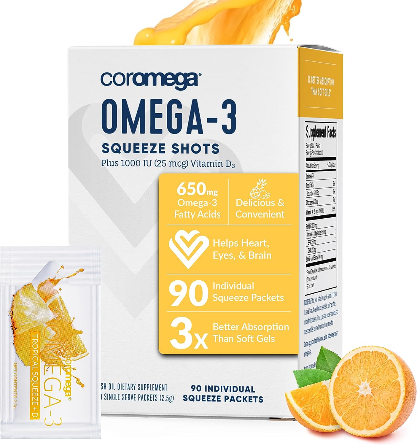 Coromega Omega 3 Fish Oil Supplement with Vitamin D3, 650mg of Omega-3s with 3X Better Absorption Than Softgels, Tropica