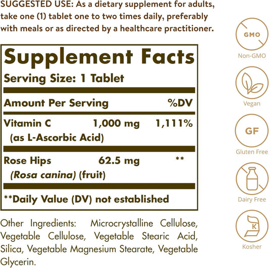 Solgar Vitamin C 1000 mg with Rose Hips, 250 Tablets - Antioxidant & Immune Support - Overall Health - Supports Healthy Skin & Joints - Non GMO, Vegan, Gluten Free, Dairy Free, Kosher - 250 Servings