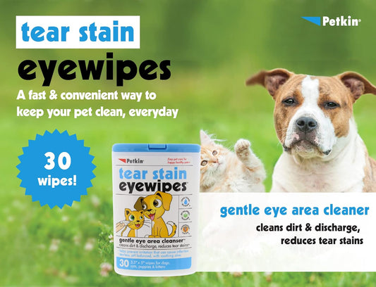 Petkin Pet Eye Wipes, 30 Moist Wipes - Gentle Eye Cleaning Wipes Remove Dirt, Discharge, & Tear Stains - Super Convenien