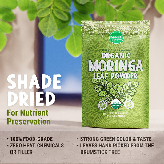 MAJU's Organic Moringa Powder, Oleifera Leaf, Extra-Fine Quality, Dried Drumstick Tree Leaves, For Tea, Smoothies, Food-Grade