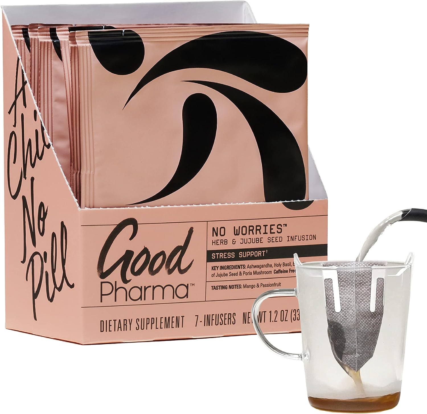 No Worries Anti-Stress Support Herbal Tea By Good Pharma — Rooibos Tea Powered By Adaptogens, Jujube Seed Extract, Ashwagandha, Pour-Over Brew (1 Carton/ 7 Servings)