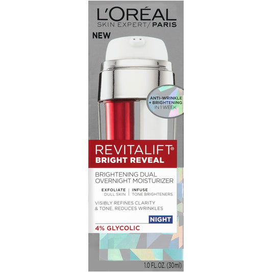 L'Oreal Paris Skincare Revitalift Bright Reveal Dual Overnight Moisturizer to Exfoliate Dull Skin, Reduce Wrinkles, Diminish Look of Dark Spot and Visibly Refine Tone and Clarity, 1 .