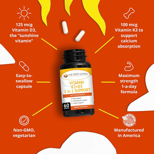 Me First Living Vitamin K2 (Mk7) With D3 Supplement Bone And Heart Health Non-Gmo Formula 125 Mcg Vitamin D3 & 100 Mcg V