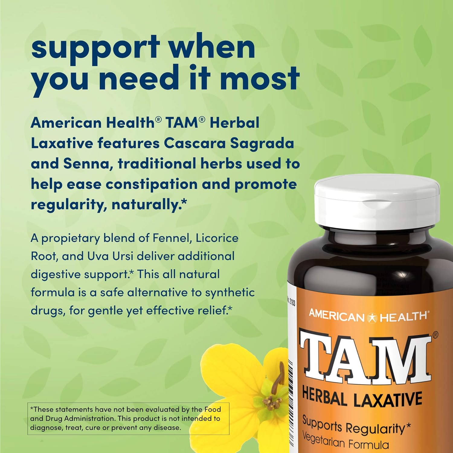 American Health Dietary Fiber Supplements, Tam Herbal Laxative, 250 Co