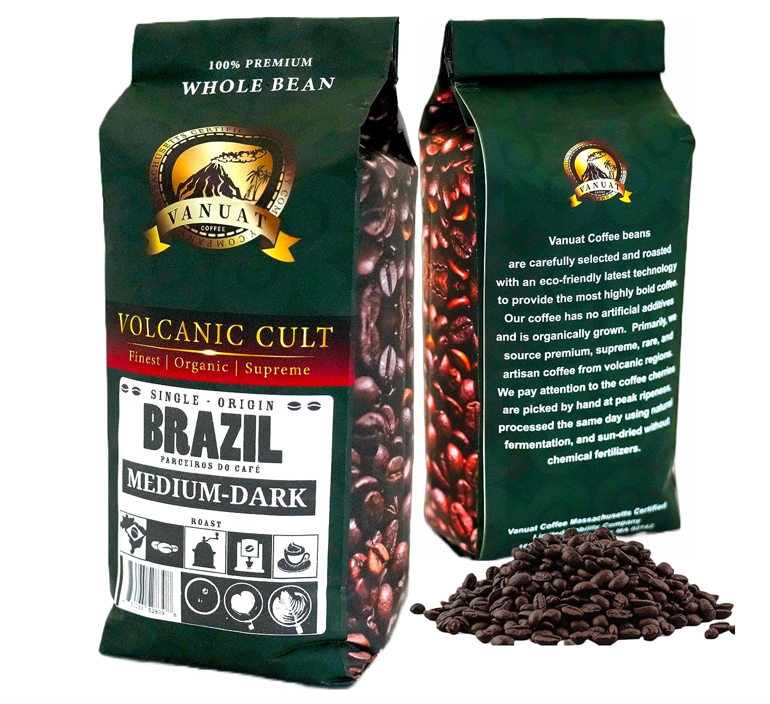 VANUAT Volcanic Organic Supreme Finest Artisan Coffee Whole Bean (Brazil - Parceiros do Café | MEDIUM-DARK ROAST)