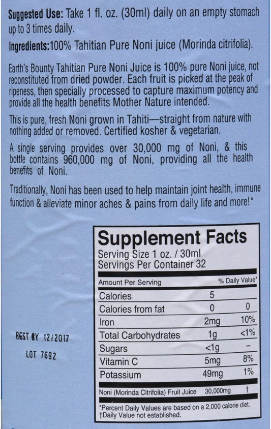 Earths Bounty Tahitian Pure Noni Juice - Certified Kosher - Sugar Free