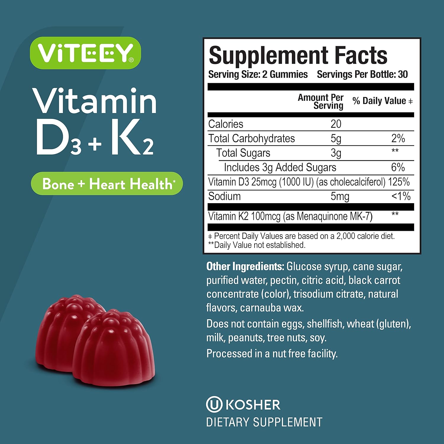  Vitamin D3 + K2 Gummies - 1000 IU Vitamin D3 + 100 mcg Vita