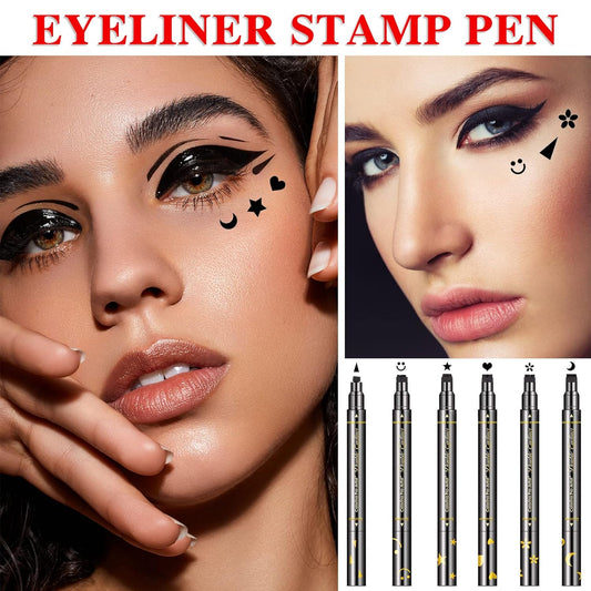 QIUFSSE 6pcs Liquid Eyeliner Stamp Set,Double-headed Eye Liners for Women Girls Waterproof Smudgeproof Long Lasting-Love, owers, Moon, Stars, Smiley, Triangles