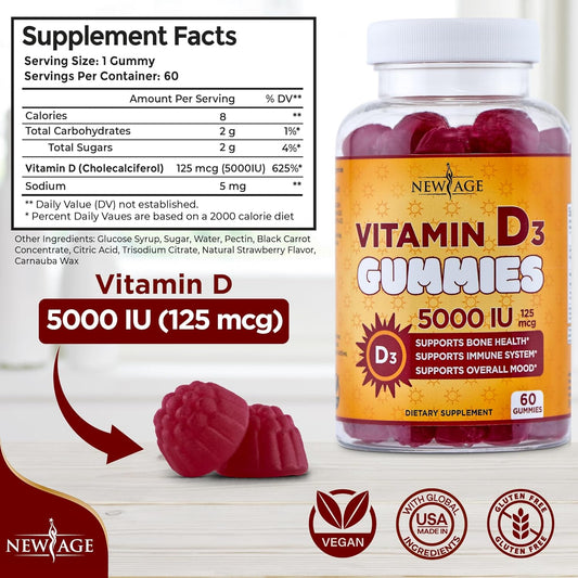 NEW AGE Vitamin D3 5000 IU 125mcg Gummies - Support Immune Support, St