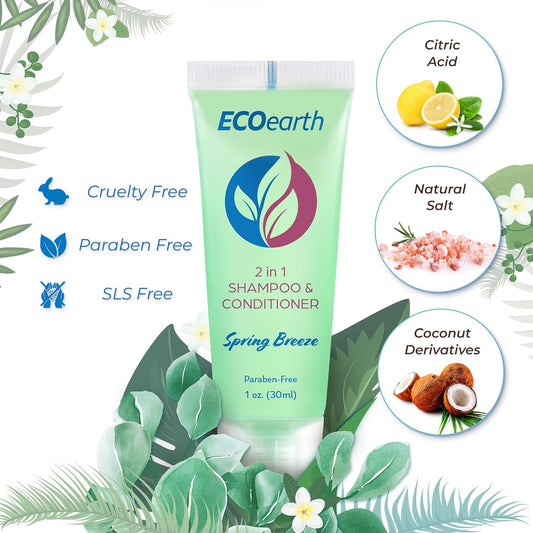 EcoEarth Travel Size Shampoo Conditioner 2-in-1 (1  , 100 PK, Spring Breeze) Delight Your Guests with Revitalizing & Refreshing Conditioning Shampoo Amenities, Small Size Hotel Toiletries in Bulk