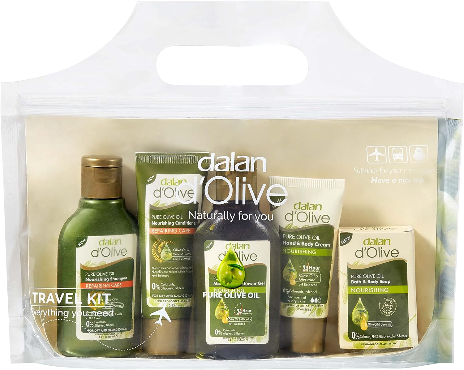 Dalan d`Olive Travel Kit, 5 Pieces - Shampoo, Hair Conditioner, Shower Gel, Bar Soap, Hand & Body Lotion