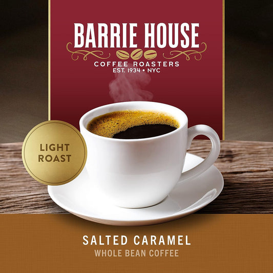 Barrie House Salted Caramel Flavored Whole Bean Coffee | Luscious and Buttery | Fair Trade Certified |Bag | 100% Arabica Coffee Beans