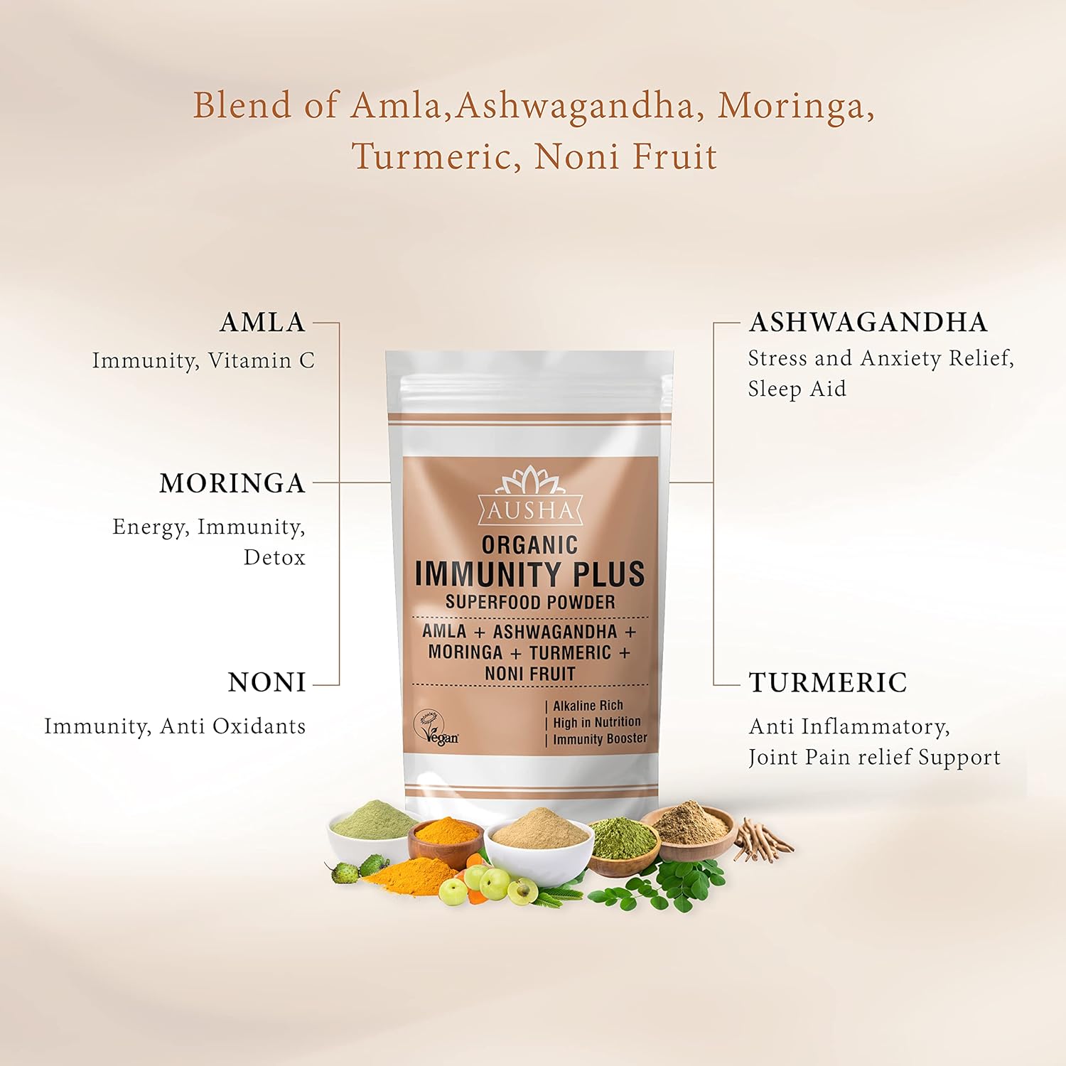 Ausha Organic Immunity Superfood Powder - Moringa + Turmeric + Amla + 