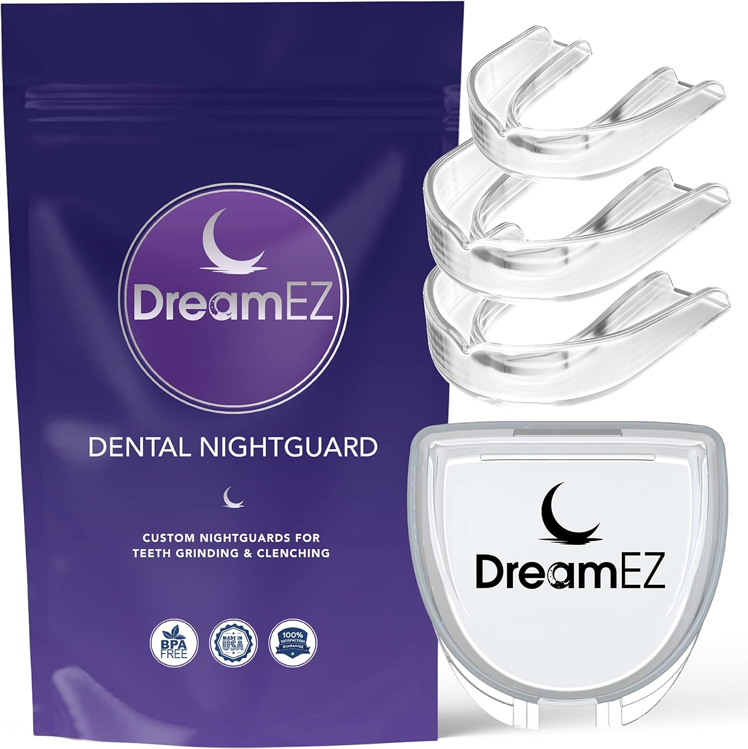 DreamEZ Custom Night Guards 3 Pack (Clear, 2 Adult, 1 Petite) for Teeth Grinding, 2 Pack with Mouth Guard Case, USA Made, Mouth Guard for Clenching Teeth at Night, Moldable-Fit Dental Guard