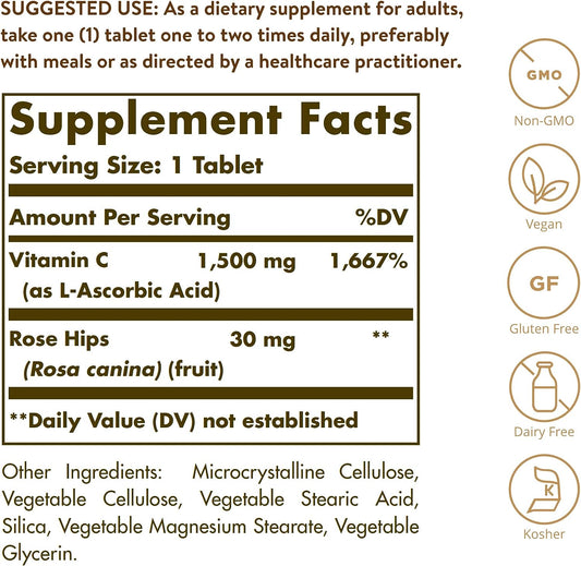 Solgar Vitamin C 1500 mg with Rose Hips, 180 Tablets - Antioxidant & Immune Support - Overall Health - Supports Healthy Skin & Joints - Non GMO, Vegan Gluten Free, Dairy Free, Kosher - 180 Servings