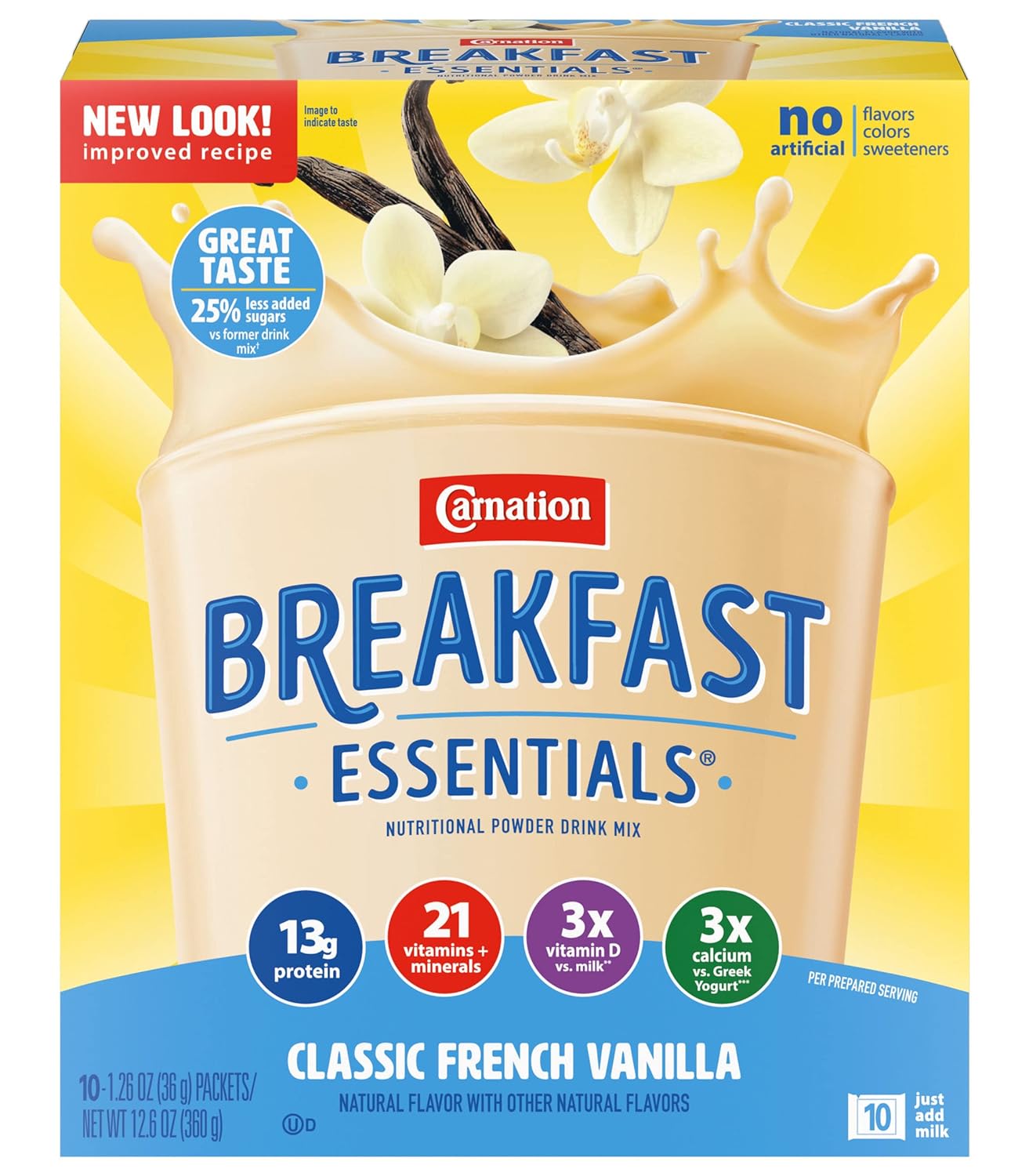 Carnation Breakfast Essentials Nutritional Powder Drink Mix Packets, Classic French Vanilla, Just Add Milk, 10 Drink Mix