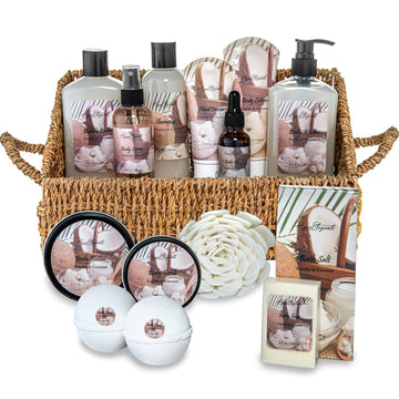 Bath Spa Gift Sets - Luxury Basket With Coconut & Vanilla - Spa Kit Includes Wash, Bubble Bath, Lotion, Bath Salts, Body Scrub, Body Spray, Shower Puff, Bathbombs, Soap and Towel