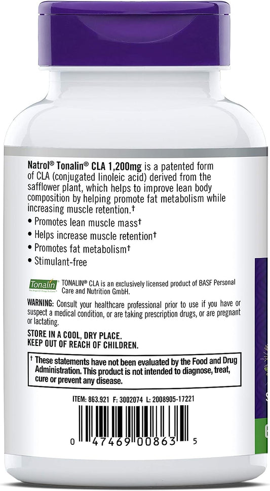 Natrol Tonalin CLA Softgels, Derived from Safower Plant, Promotes Lean Muscle Mass, Helps Increase Muscle Retention, Promotes Fat Metabolism, Weight Management Supplement, 1,200mg, 60 Count