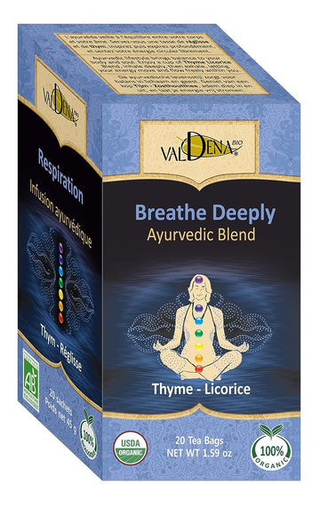 Valdena Bio Ayurvedic Blend Thyme Licorice Root ‘Breathe Deeply’ Caffeine Free Anti-inflammatory and Antioxidant Rich Organic Tea (Pack of 3, 60 total) Non GMO