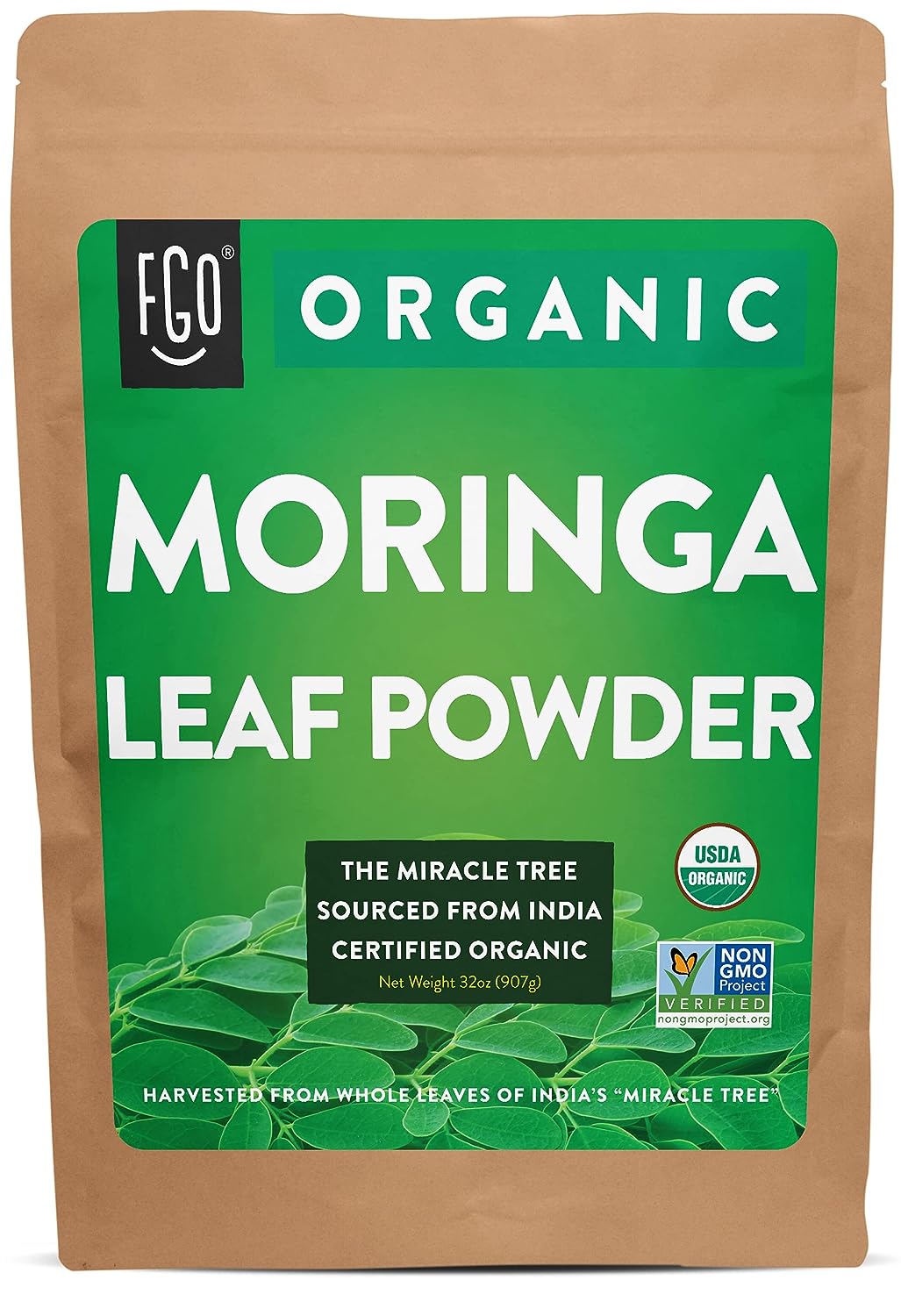 FGO Organic Moringa Oleifera Leaf Powder | Perfect for Smoothies, Drinks, Tea & Recipes | 100% Raw from India | Resealable Kraft Bag