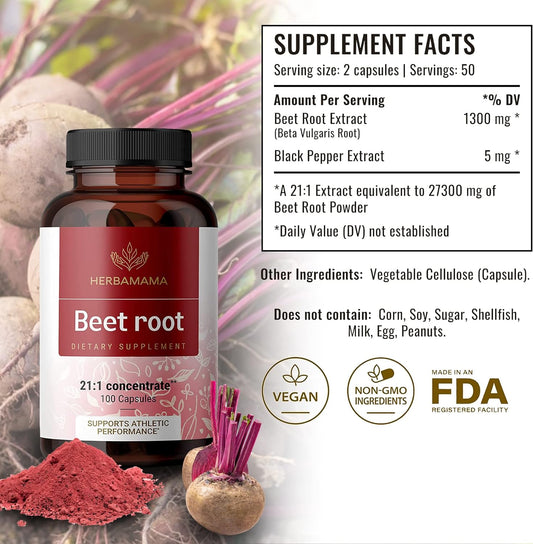 HERBAMAMA Beet Root Capsules - Organic Beetroot Extract Pills - High-P