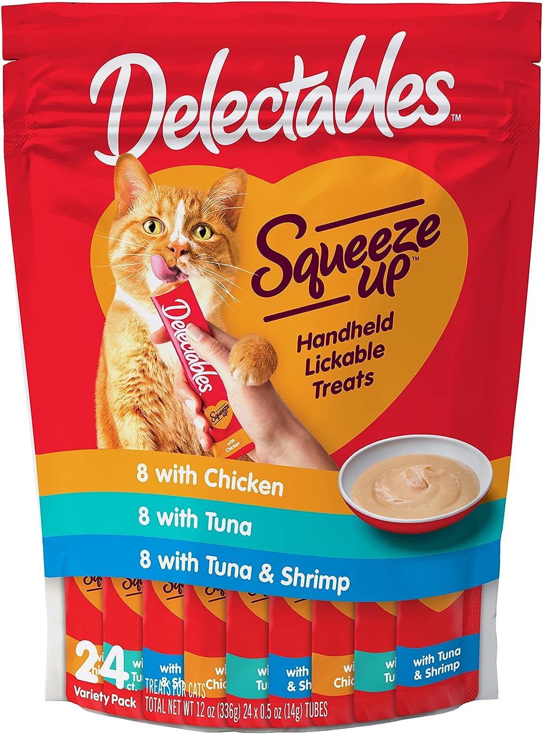 Hartz Delectables Squeeze Up Interactive Lickable Wet Cat Treats for Adult & Senior Cats, Tuna & Shrimp, 24 Count, 12 ou