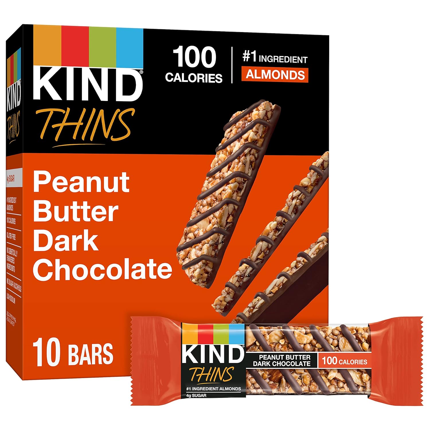 KIND THINS Peanut Butter Dark Chocolate Bars, Gluten Free, 100 Calories, 0.74 oz bars, 10 count