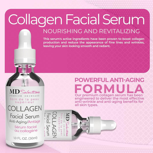 MD Selections Collagen Facial Serum Tighten, Firm & Smooth with Collagen Peptide & Green Tea, Advanced Collagen Repair Anti Aging Facial Formula, 1