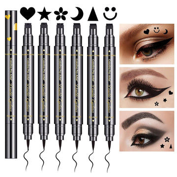 QIUFSSE 6pcs Liquid Eyeliner Stamp Set,Double-headed Eye Liners for Women Girls Waterproof Smudgeproof Long Lasting-Love, owers, Moon, Stars, Smiley, Triangles