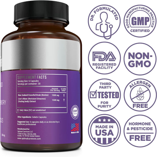 Optimal Carnivore Lions Mane Mushroom Supplement & Beef Brain, Powerfu