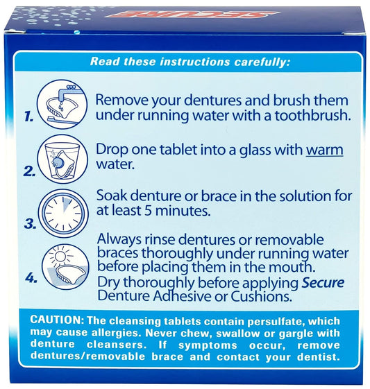 Secure Anti-Plaque Cleansing Tablets PH Formula Removes Odors, Stains, Bacteria, Germs - Deeply Clean Dentures, Partials, Nightguards, Retainers in 5 Minutes - Zinc Free - 32 Tablets (1 Pack)