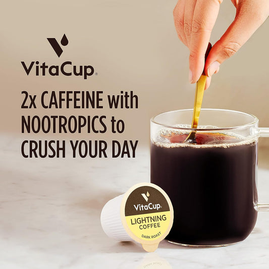 VitaCup Lightning Coffee Pods, Enhance Memory & Focus w/ 2X Caffeine, Green Coffee Bean, B Vitamins, D3, Strong Dark Roast Coffee, Recyclable Single Serve Pod Compatible w/Keurig K-Cup Brewers, 16 Ct