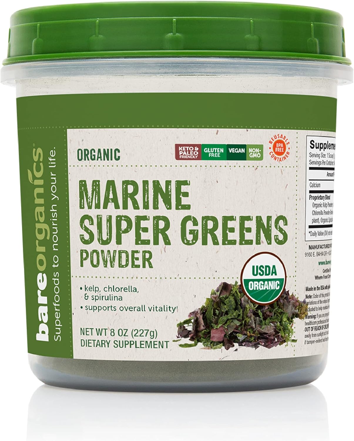 BareOrganics Marine Super Greens Powder | USDA Organic, Gluten-Free, V